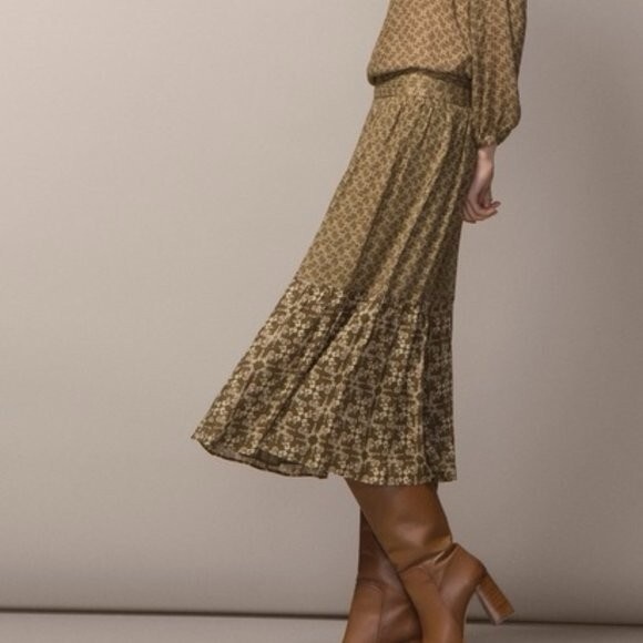 Massimo Dutti Olive Green Floral Midi Skirt Peasant Prarie Cottagecore Size 6 - Picture 6 of 6